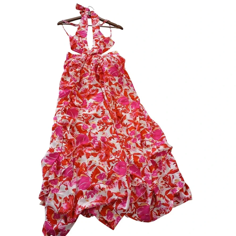 Tropical Floral Halter Maxi‎ Dress Cutout Waist Pink Red Orange Resort W26 S